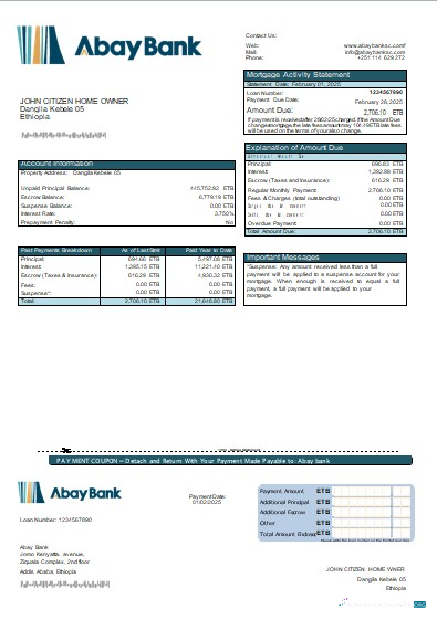 Download Ethiopia Abay bank mortgage statement scr Photoshop template